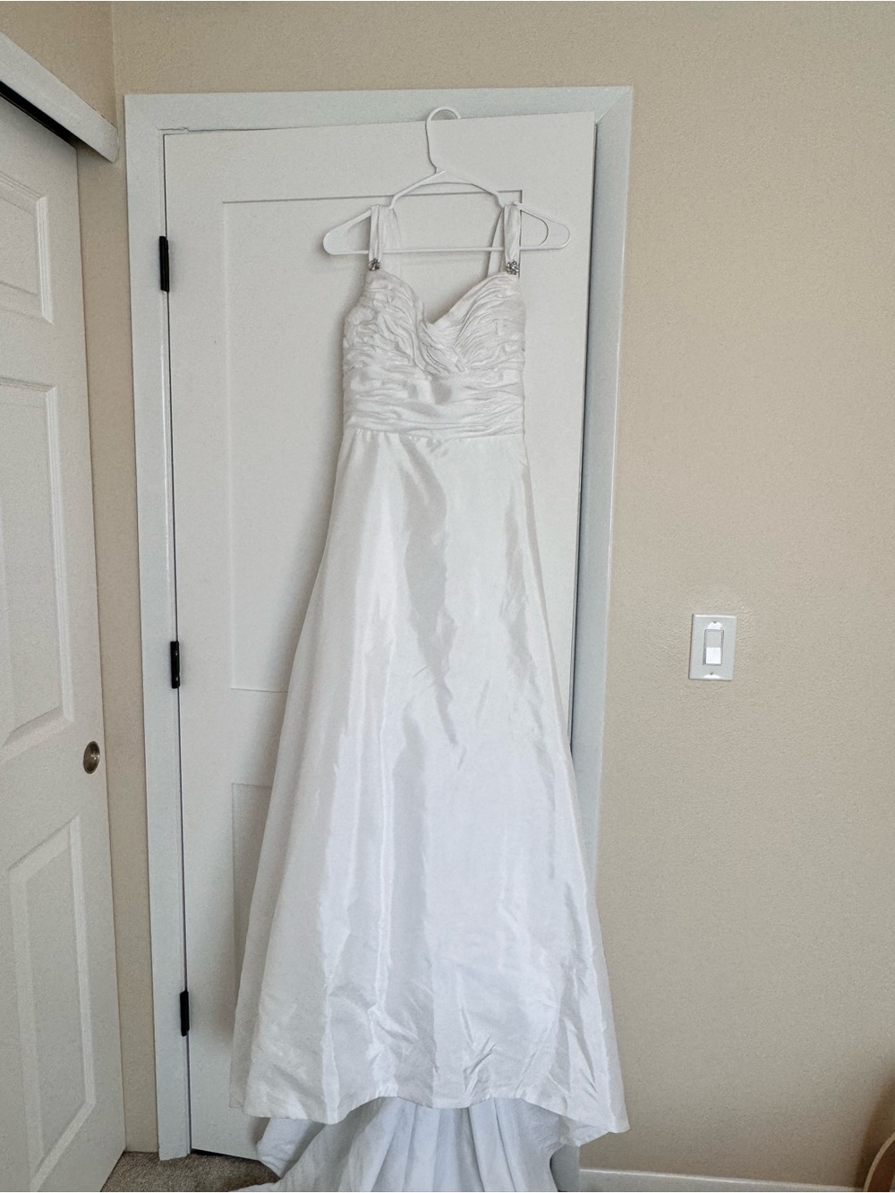 White Strap Satin Bridal Gown with Ruched Bodice